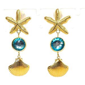 Aquamarine Starfish Shell Dangle Earrings 18K Gold Plated S. Steel Blue Glass